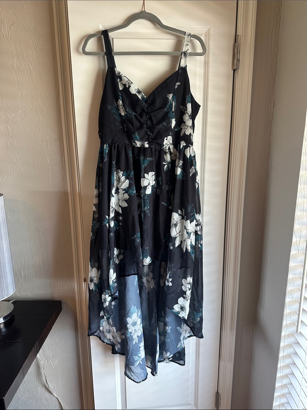 Black Floral Midi Dress with High-Low Hem